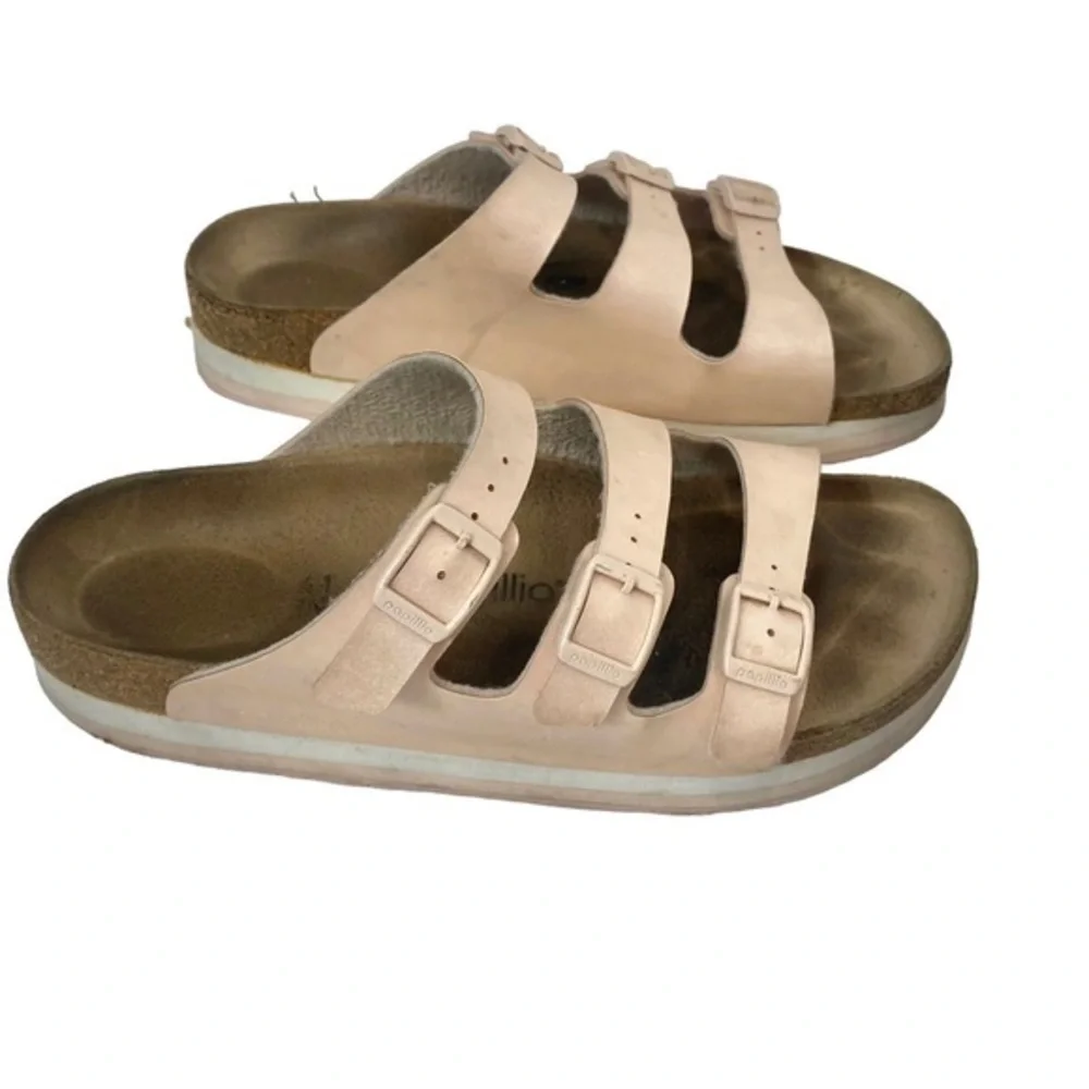 Birkenstock Papillo Metallic Pink Arizona sandals Slip On 3 Strap Leather Slides - Picture 3 of 12